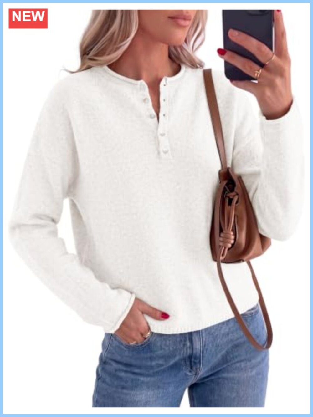 Women's Cozy Knit Henley Sweater Button Up Pullover Loose Fit